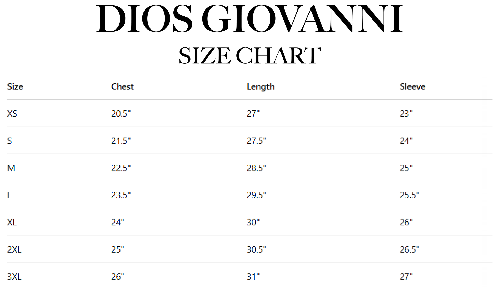 ITALIAN CASHMERE WOOL V-NECK SWEATER SIZE CHART - DIOS GIOVANNI