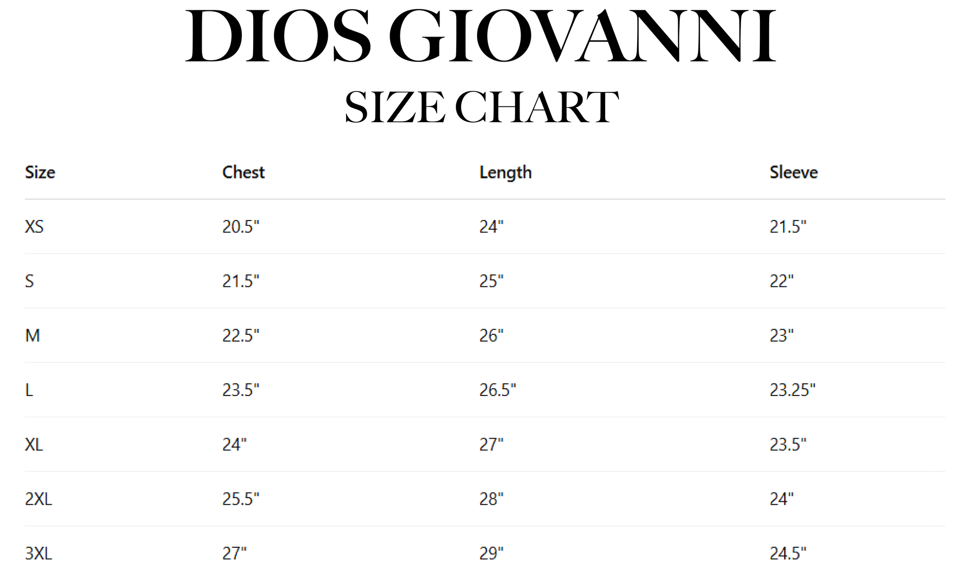 SIGNATURE LUXE SWEATSHIRT SIZE CHART - DIOS GIOVANNI